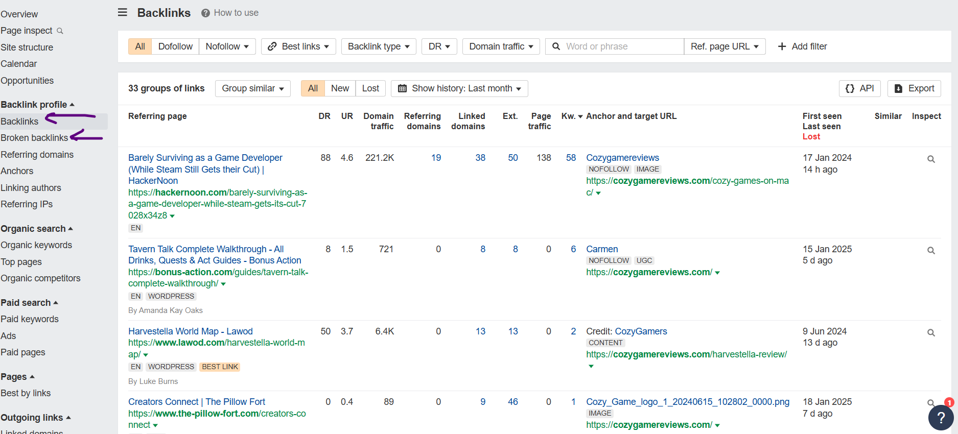 sample of AHREFs backlink report