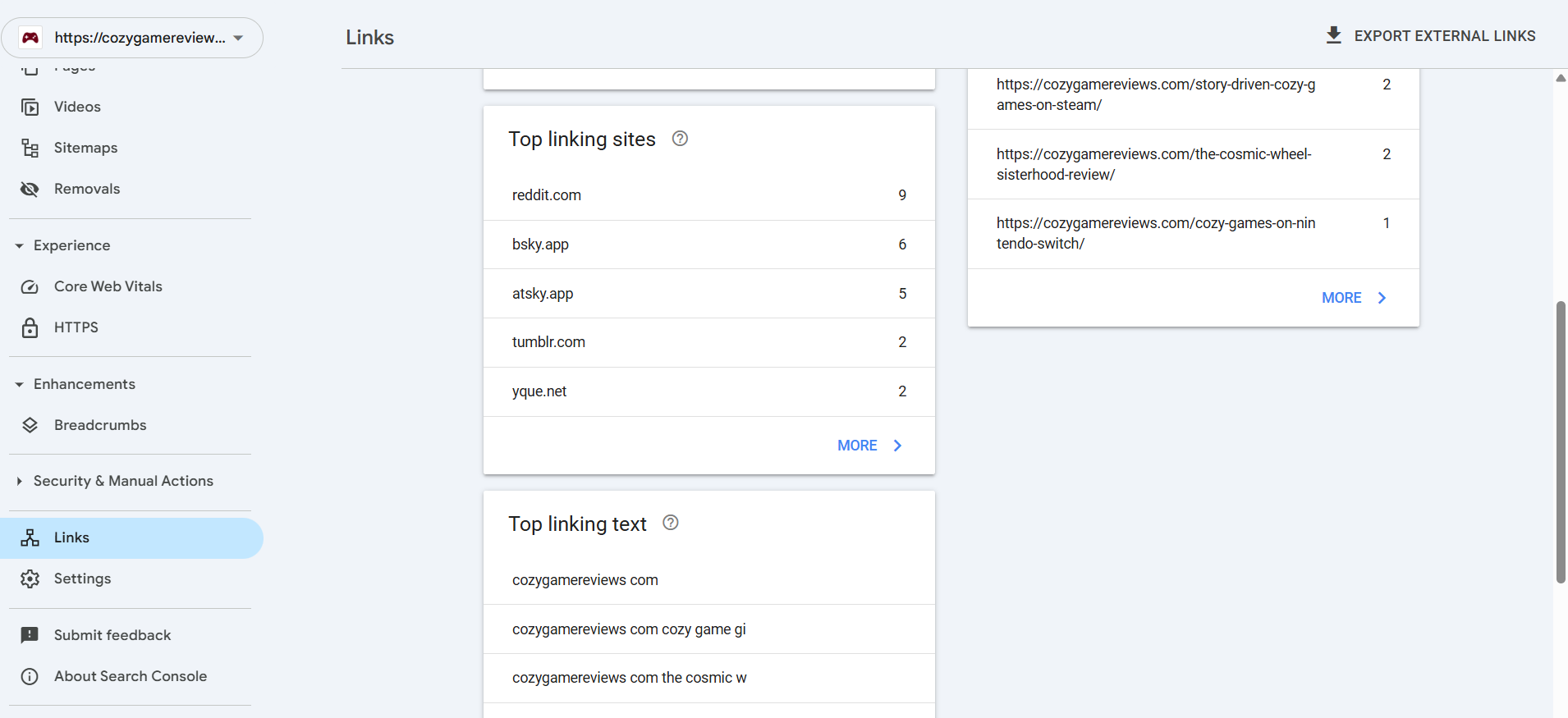 Google Search Console backlink profile view.